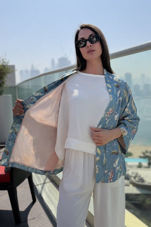 ARTEFILIA-MILANO - giacca kimono alma lino stampato - ANACAPRI POLVERE