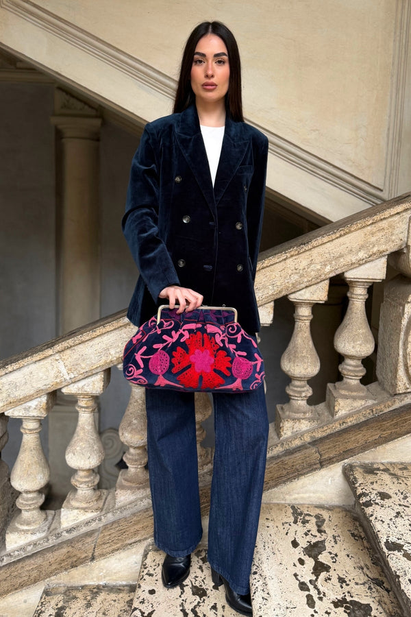 ARTEFILIA-MILANO - borsa ricamata katia clutch grande - ADIRA BLUE