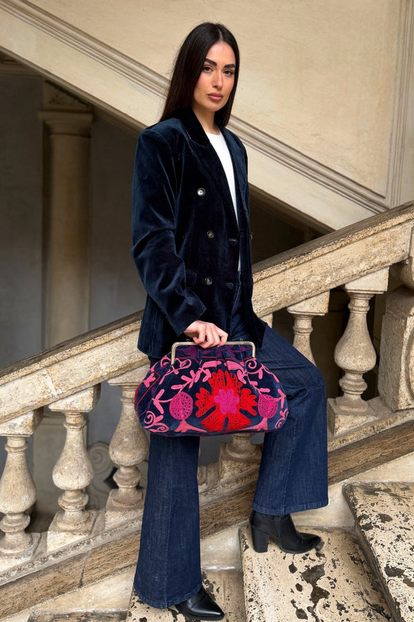 ARTEFILIA-MILANO - borsa ricamata katia clutch grande - ADIRA BLUE