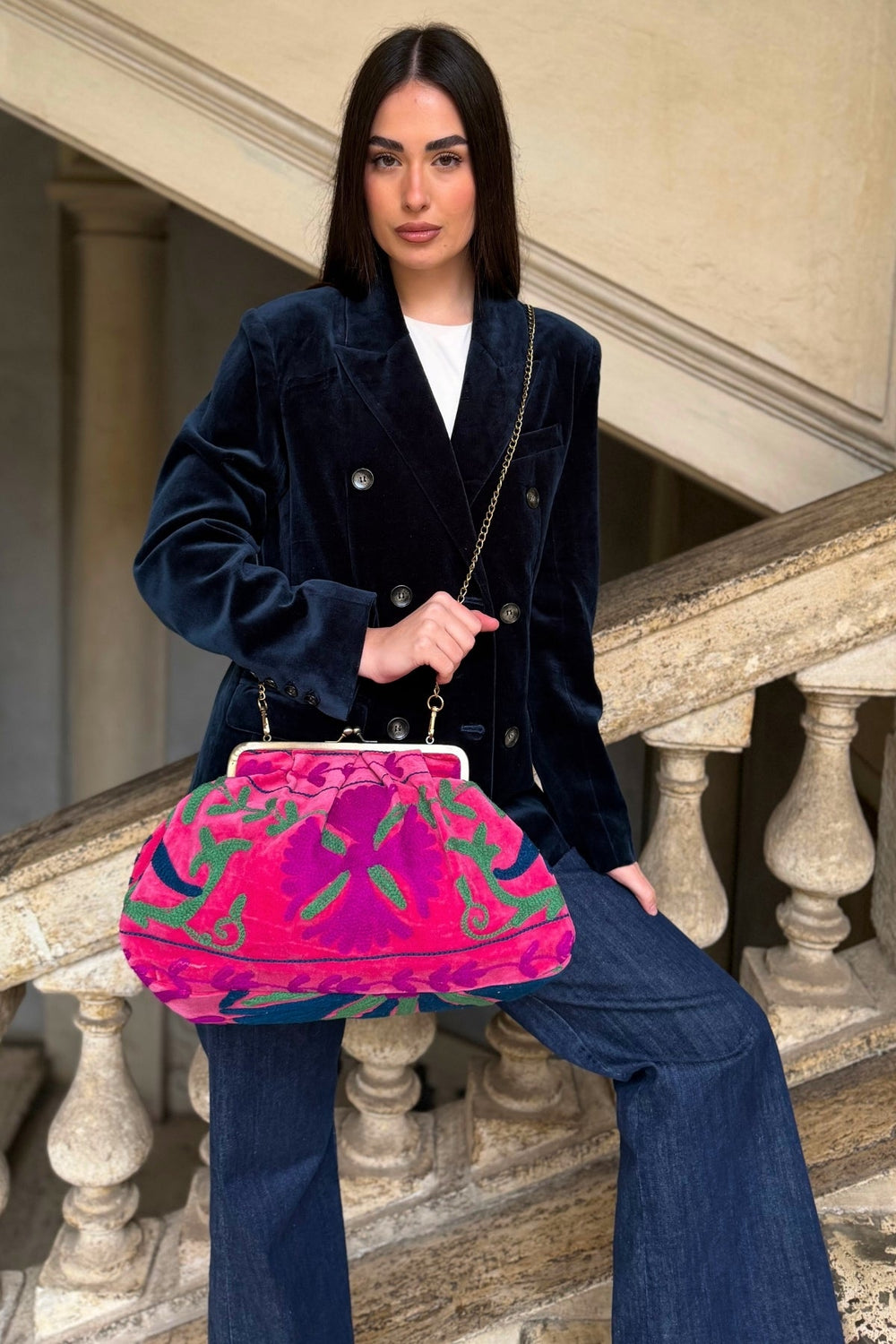 ARTEFILIA-MILANO - borsa ricamata katia clutch grande - ZAMIRA FUXIA