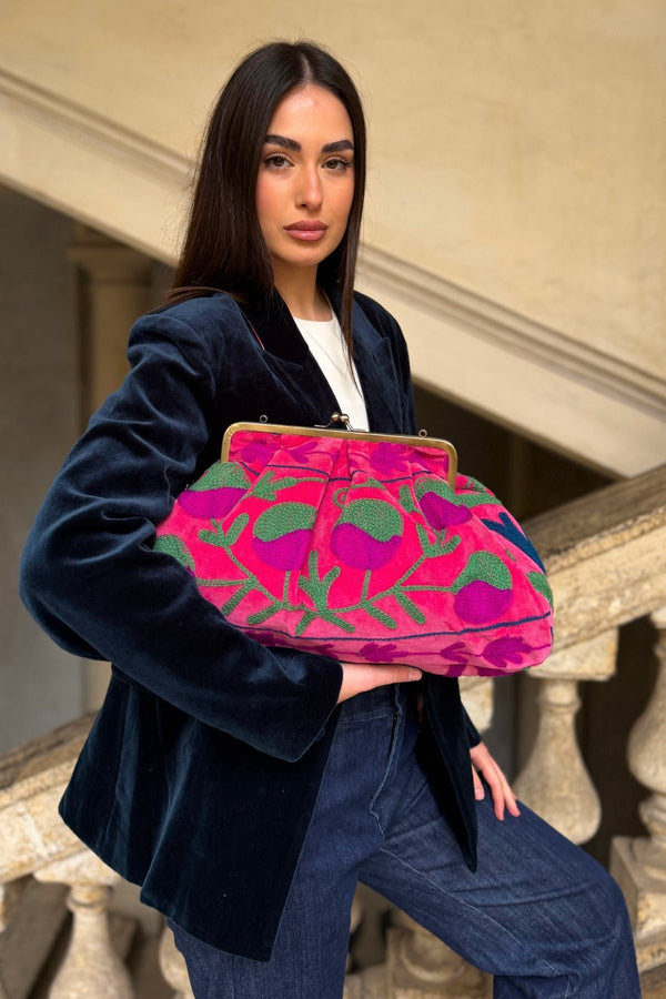 ARTEFILIA-MILANO - borsa ricamata katia clutch grande - ZAMIRA FUXIA