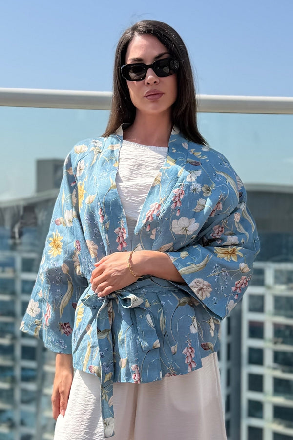 ARTEFILIA-MILANO - giacca kimono alma lino stampato - ANACAPRI POLVERE
