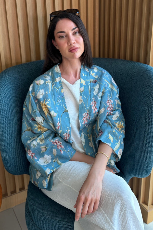 ARTEFILIA-MILANO - giacca kimono alma lino stampato - ANACAPRI POLVERE