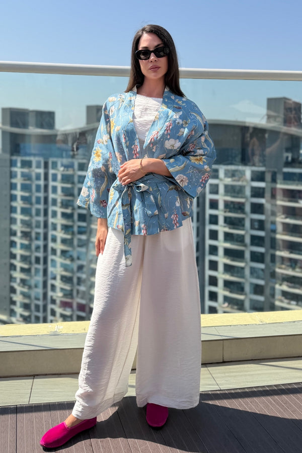 ARTEFILIA-MILANO - giacca kimono alma lino stampato - ANACAPRI POLVERE