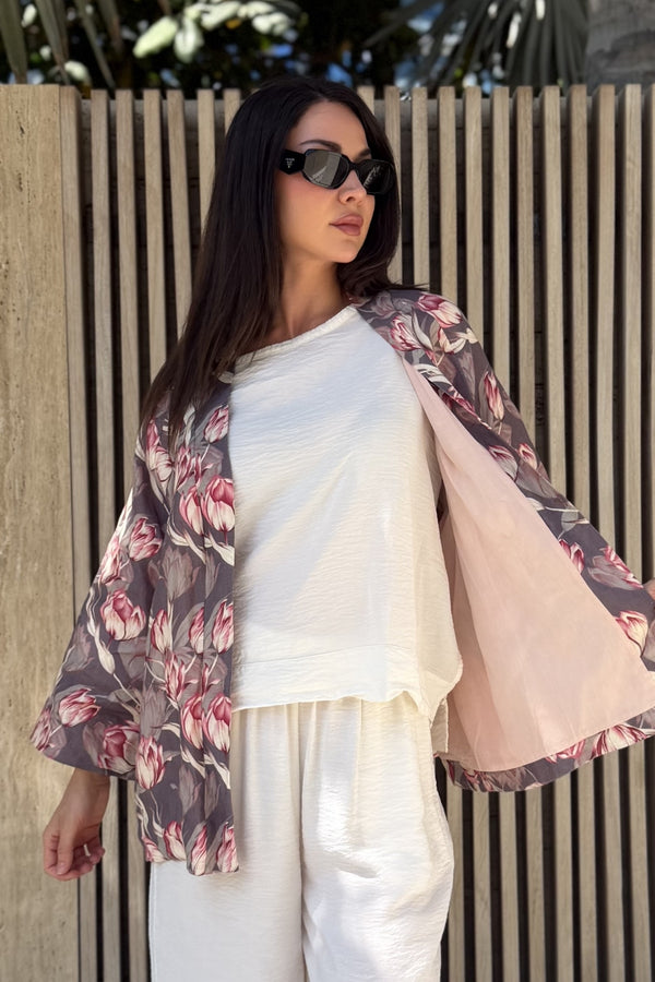 ARTEFILIA-MILANO - giacca kimono alma lino stampato - AVENTINO GRIGIO