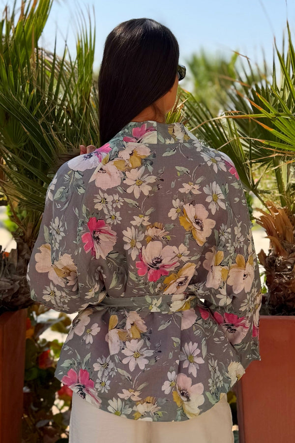 ARTEFILIA-MILANO - giacca  kimono alma lino stampato - MONCALIERI GRIGIO