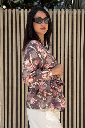 ARTEFILIA-MILANO - giacca kimono alma lino stampato - AVENTINO GRIGIO