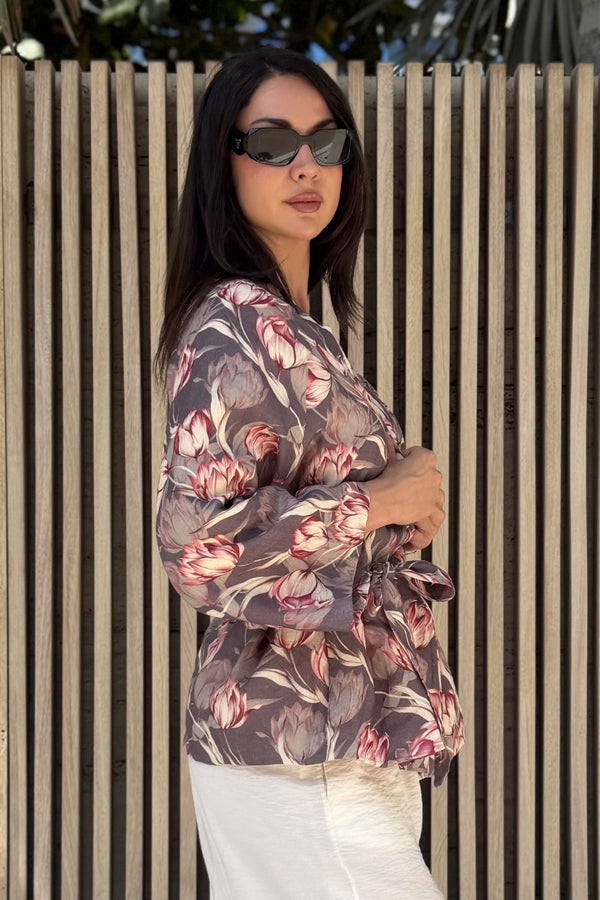 ARTEFILIA-MILANO - giacca kimono alma lino stampato - AVENTINO GRIGIO