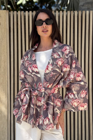 ARTEFILIA-MILANO - giacca kimono alma lino stampato - AVENTINO GRIGIO