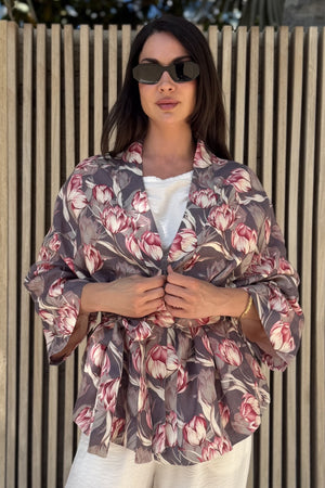 ARTEFILIA-MILANO - giacca kimono alma lino stampato - AVENTINO GRIGIO