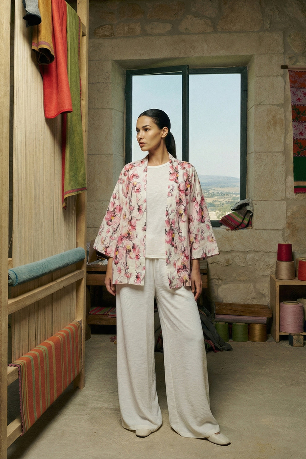 ARTEFILIA-MILANO - giacca kimono alma lino stampato - FIESOLE CIPRIA