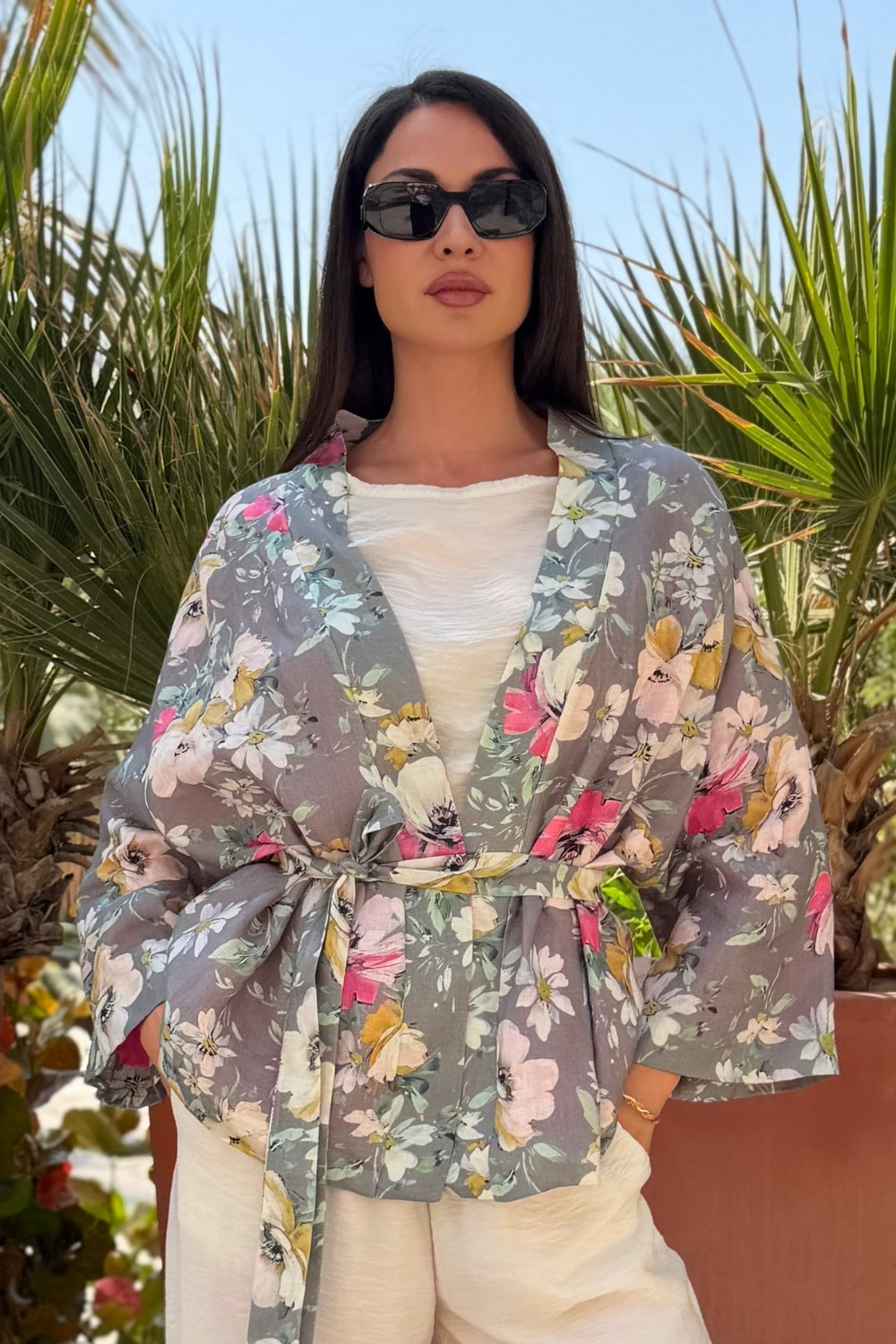 ARTEFILIA-MILANO - giacca  kimono alma lino stampato - MONCALIERI GRIGIO