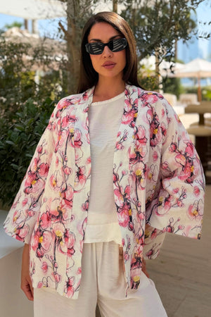 ARTEFILIA-MILANO - giacca kimono alma lino stampato - FIESOLE CIPRIA