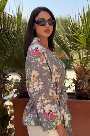 ARTEFILIA-MILANO - giacca  kimono alma lino stampato - MONCALIERI GRIGIO