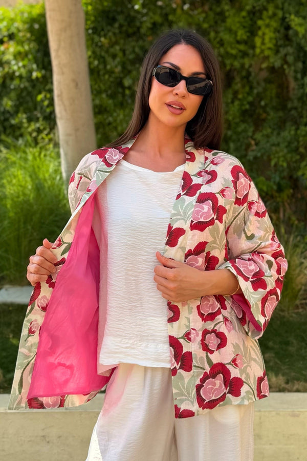 ARTEFILIA-MILANO - giacca kimono alma lino stampato - ESTE AVORIO