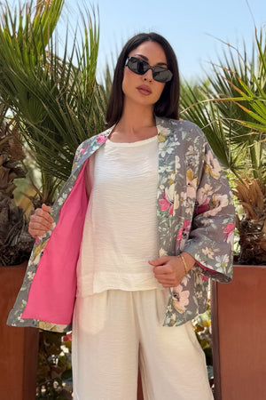 ARTEFILIA-MILANO - giacca  kimono alma lino stampato - MONCALIERI GRIGIO