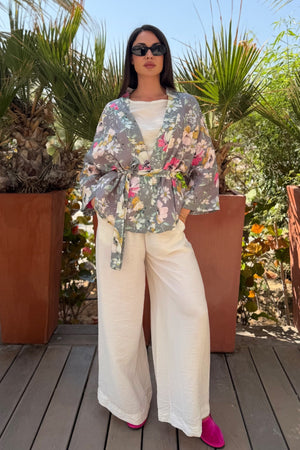 ARTEFILIA-MILANO - giacca  kimono alma lino stampato - MONCALIERI GRIGIO