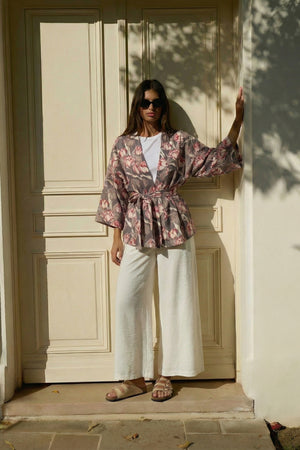 ARTEFILIA-MILANO - giacca kimono alma lino stampato - AVENTINO GRIGIO