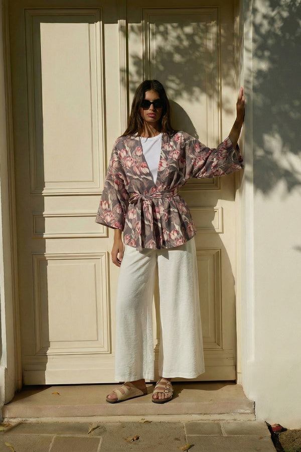 ARTEFILIA-MILANO - giacca kimono alma lino stampato - AVENTINO GRIGIO