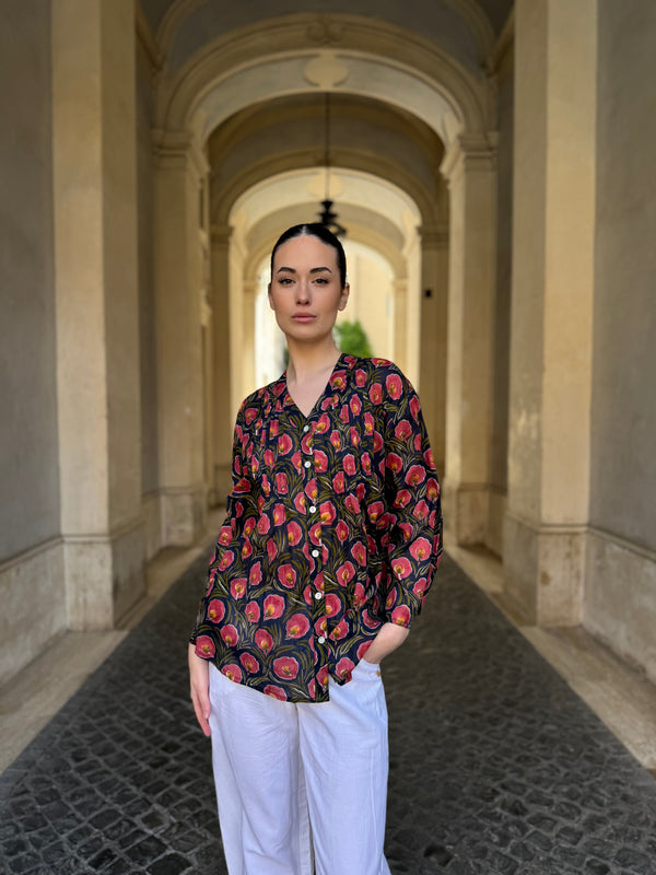 Artefilia - Blusa In mussola di cotone Eva- BLU IBISCO